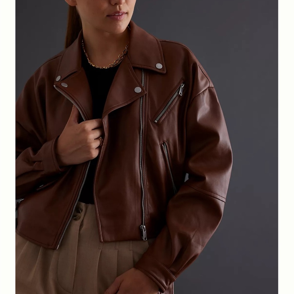 Avec Les Filles Brown Faux Leather Moto Cropped Jacket with Asymmetrical Zipper